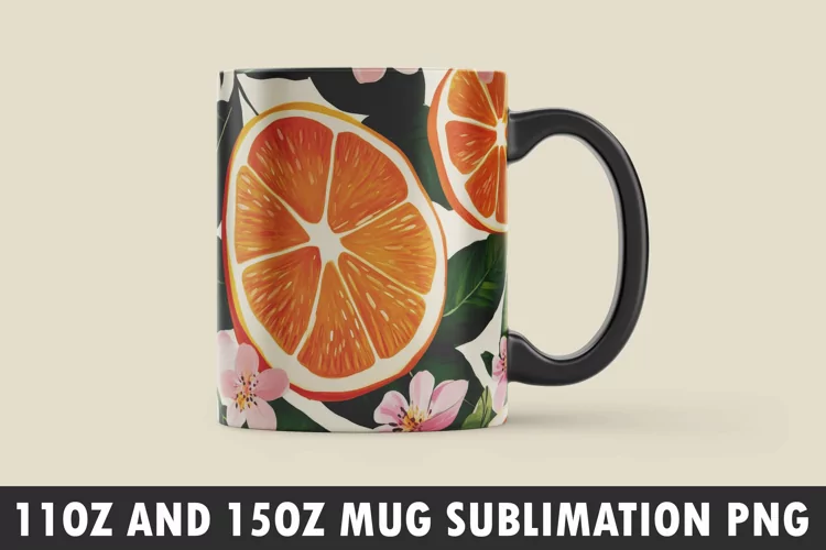 Orange with Leaves and Flowers Mug Wrap Sublimation Design