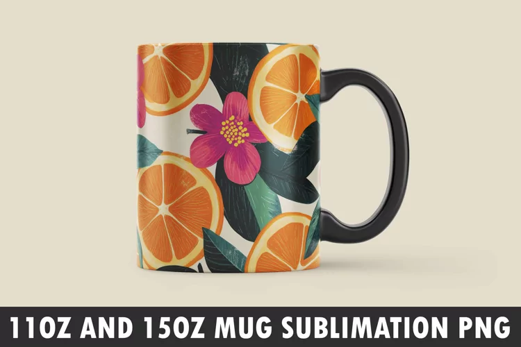 Orange with Leaves and Flowers Mug Wrap Sublimation Design
