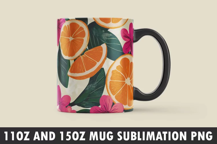 Orange with Leaves and Flowers Mug Wrap Sublimation Design