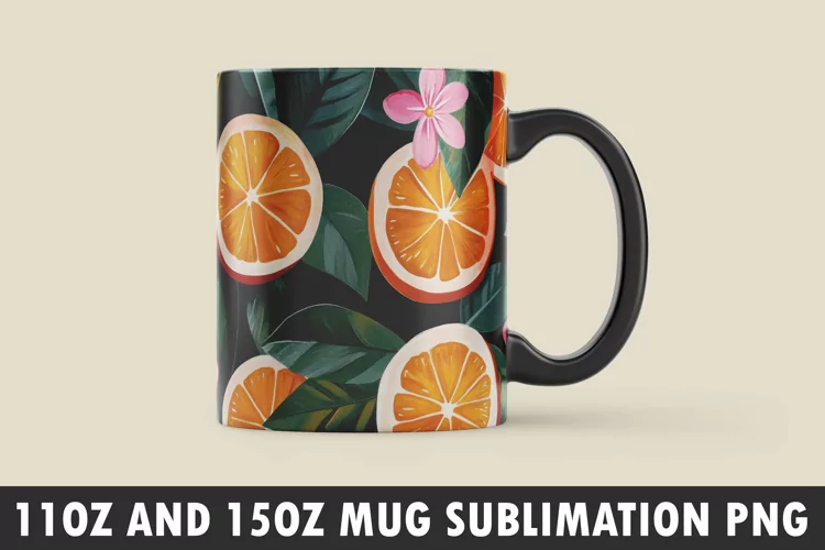 Orange with Leaves and Flowers Mug Wrap Sublimation Design