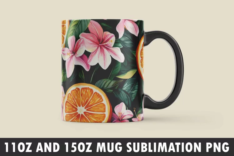 Orange with Leaves and Flowers Mug Wrap Sublimation Design