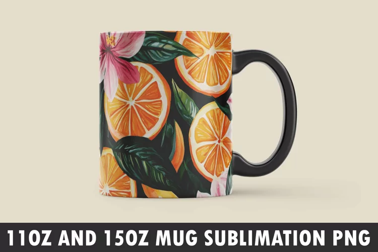 Orange with Leaves and Flowers Mug Wrap Sublimation Design