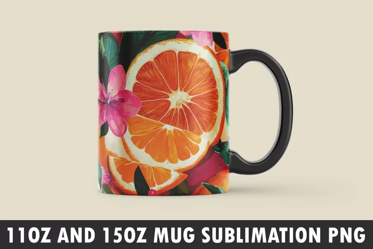 Orange with Leaves and Flowers Mug Wrap Sublimation Design