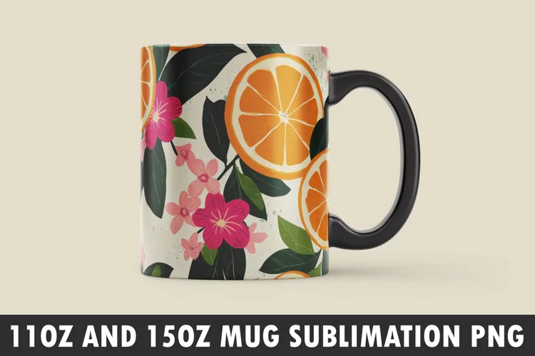 Orange with Leaves and Flowers Mug Wrap Sublimation Design