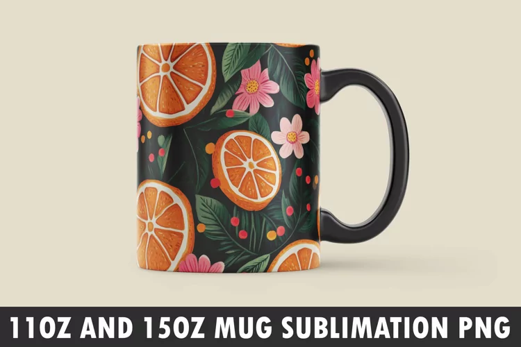 Orange with Leaves and Flowers Mug Wrap Sublimation Design