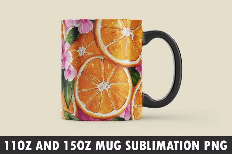 Orange with Leaves and Flowers Mug Wrap Sublimation Design