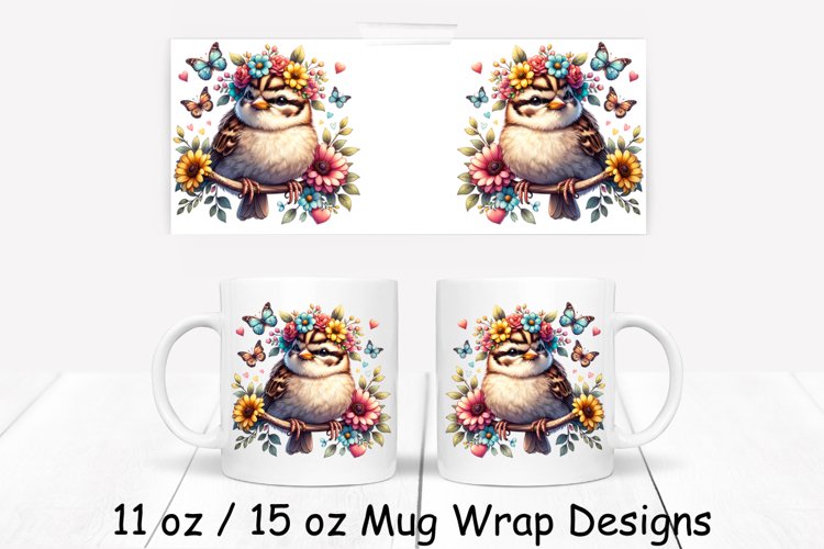 Cute Sparrow Spring Mug Wrap| Sublimation PNG | 11oz 15oz