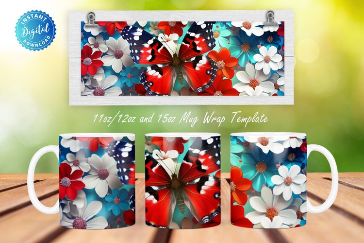 3D Patriotic Butterfly And Flowers 11, 12 & 15 Oz Mug