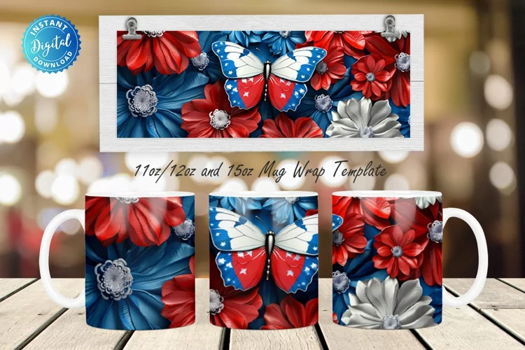 3D Patriotic Butterfly And Flowers 11, 12 & 15 Oz Mug