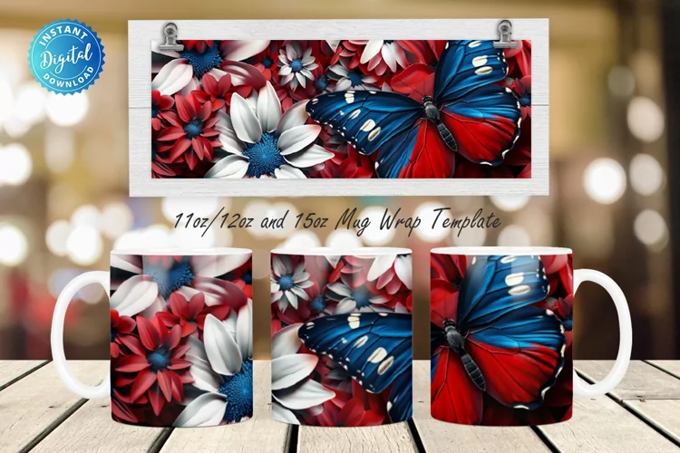 3D Patriotic Butterfly And Flowers 11, 12 & 15 Oz Mug