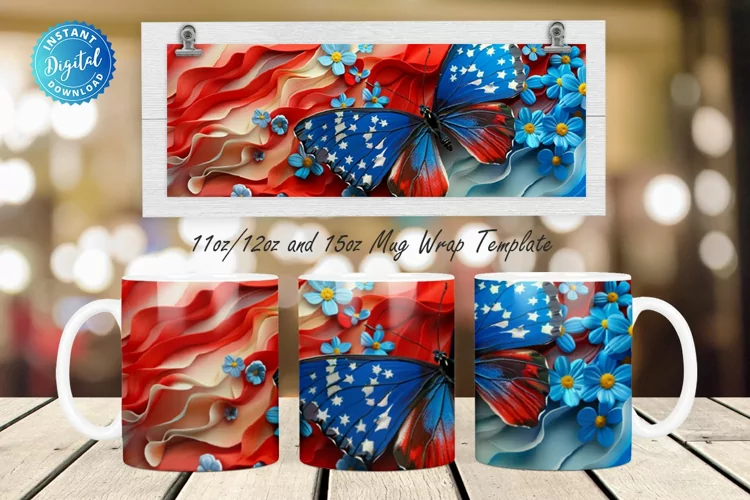 3D Patriotic Butterfly And Flowers 11, 12 & 15 Oz Mug
