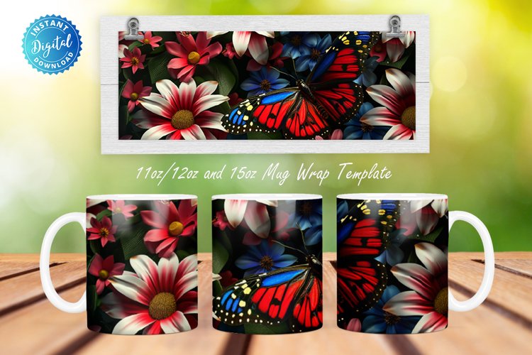 3D Patriotic Butterfly And Flowers 11, 12 & 15 Oz Mug