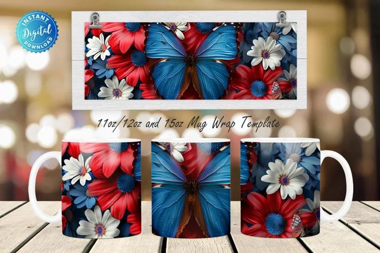 3D Patriotic Butterfly And Flowers 11, 12 & 15 Oz Mug