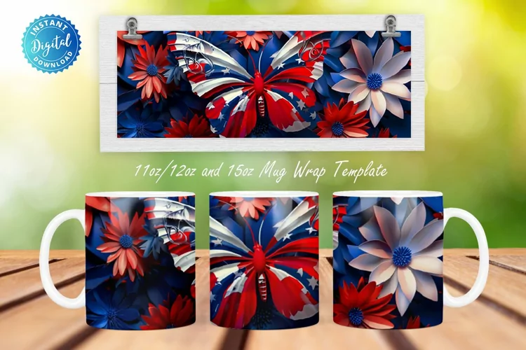 3D Patriotic Butterfly And Flowers 11, 12 & 15 Oz Mug