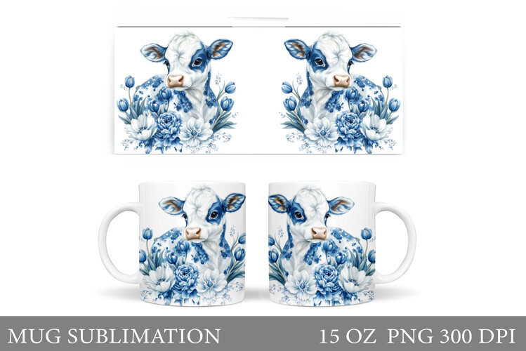 Cow Mug Sublimation. Cow Flowers Mug Wrap Design example image 1