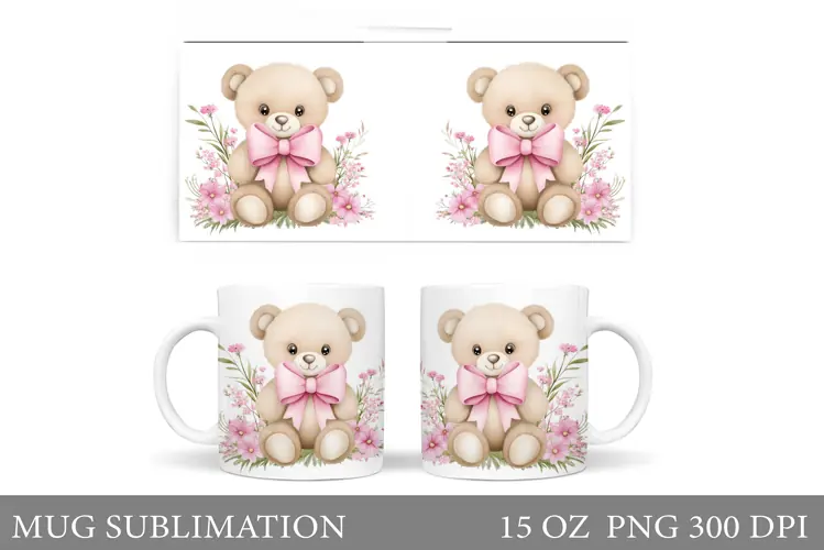 Cute Bear Mug Design. Bear Flowers Mug Sublimation