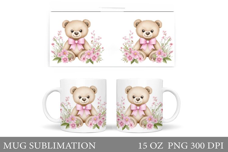 Cute Bear Mug Design. Bear Flowers Mug Sublimation example image 1