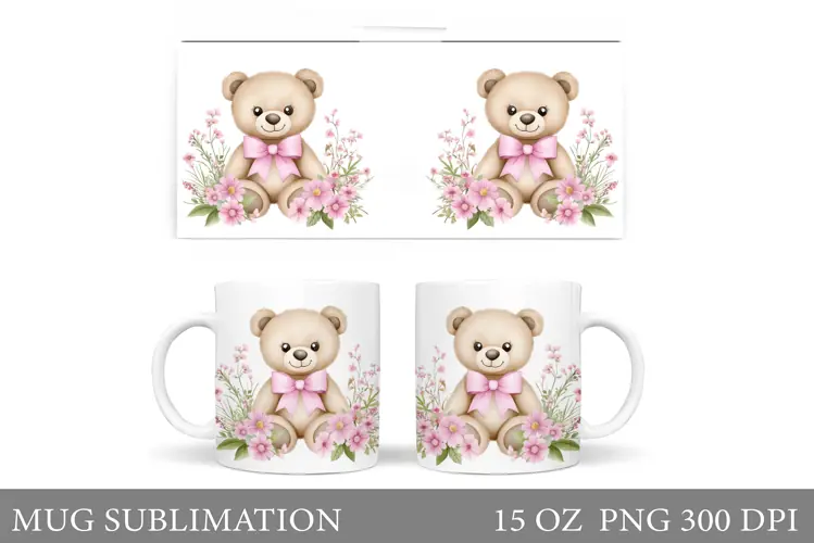 Cute Bear Mug Design. Bear Flowers Mug Sublimation