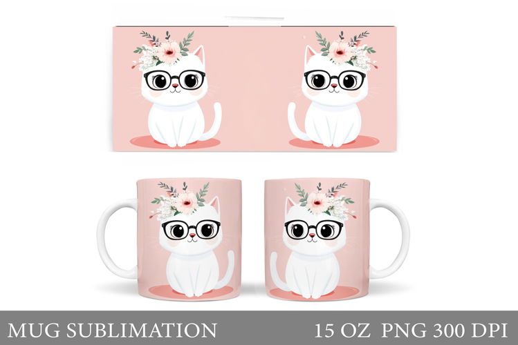 Cute Cat Mug Sublimation. Cat Flowers Mug Design