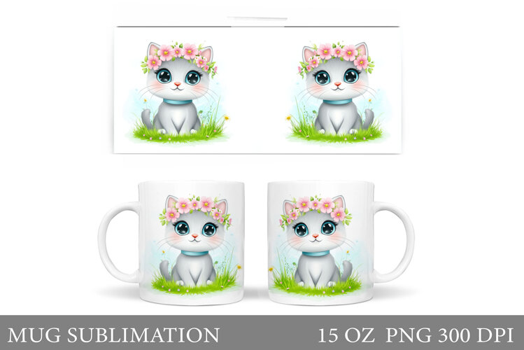 Cute Cat Mug Sublimation. Cat Flowers Mug Design example image 1