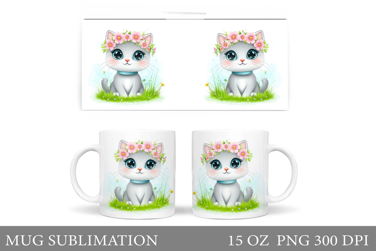 Cute Cat Mug Sublimation. Cat Flowers Mug Design