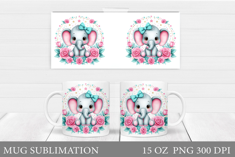 Cute Elephant Mug Design. Elephant Flowers Mug Sublimation