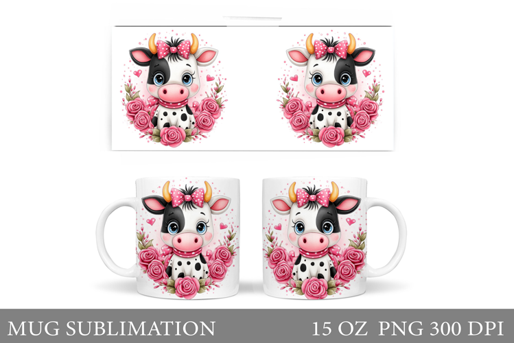 Cute Cow Mug Sublimation. Cow Flowers Mug Wrap Design