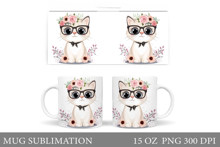 Cute Cat Mug Sublimation. Cat Flowers Mug Design