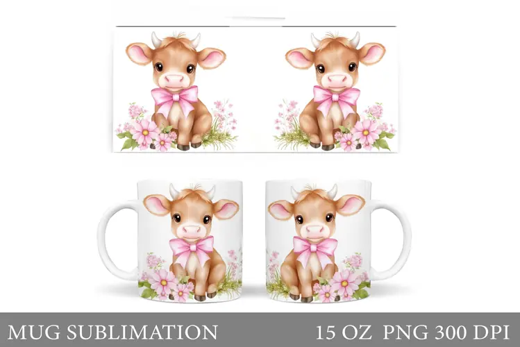 Cute Cow Mug Sublimation. Cow Flowers Mug Wrap Design