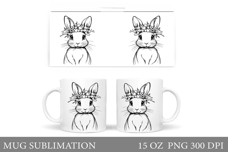 Cute Bunny Mug Wrap. Bunny Flowers Mug Design example image 1