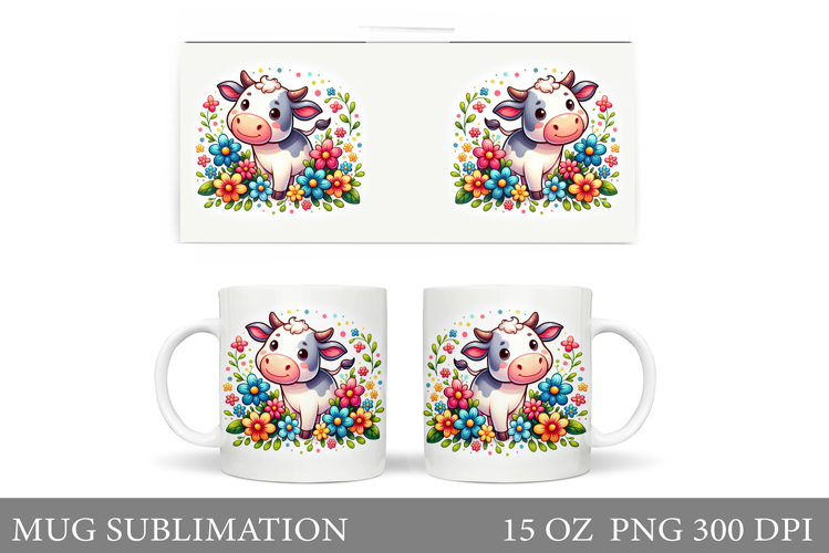 Cow Mug Sublimation. Cow Flowers Mug Wrap Design