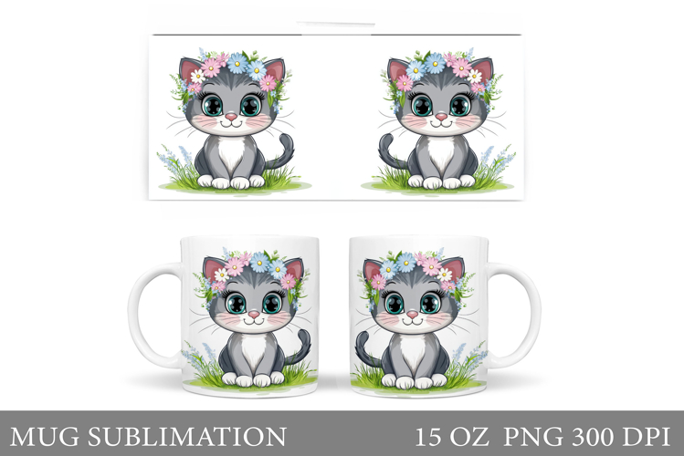 Cute Cat Mug Sublimation. Cat Flowers Mug Design
