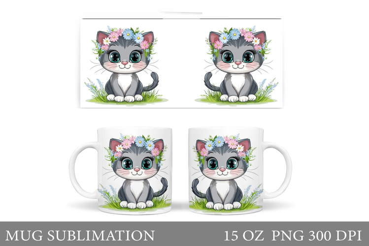 Cute Cat Mug Sublimation. Cat Flowers Mug Design