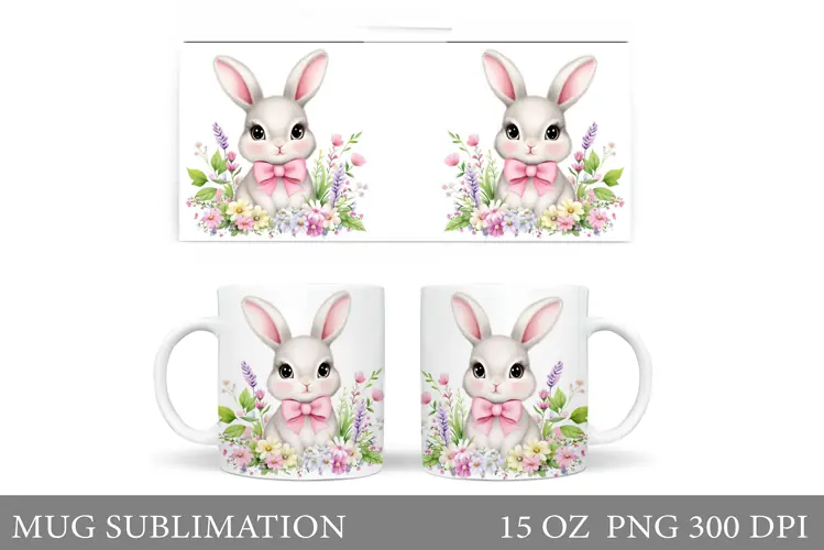 Cute Bunny Mug Design. Bunny Flowers Mug Sublimation