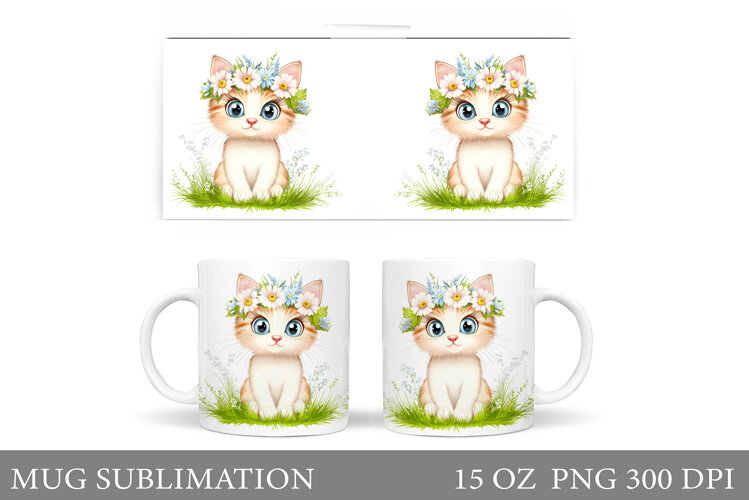 Cute Cat Mug Sublimation. Cat Flowers Mug Design example image 1