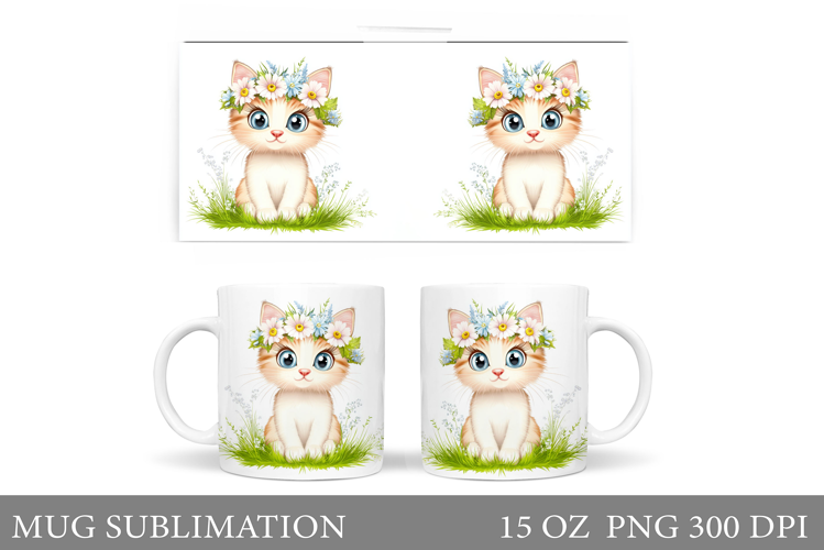 Cute Cat Mug Sublimation. Cat Flowers Mug Design