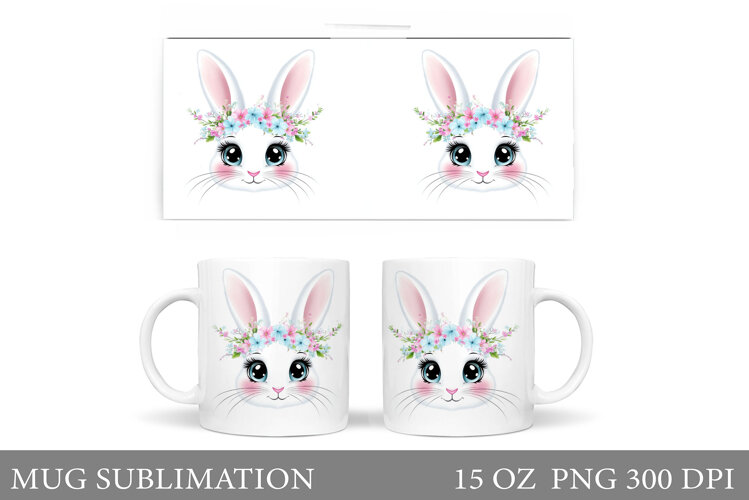 Cute Bunny Mug Design. Bunny Flowers Mug Sublimation example image 1