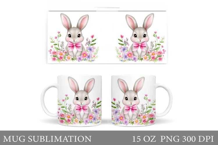 Cute Bunny Mug Wrap. Bunny Flowers Mug Design example image 1