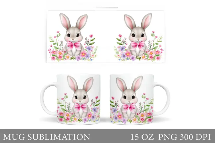Cute Bunny Mug Wrap. Bunny Flowers Mug Design