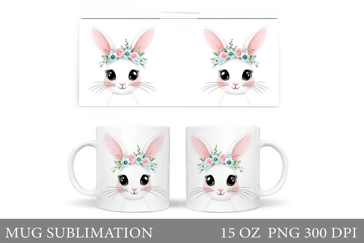 Cute Bunny Mug Design. Bunny Flowers Mug Sublimation example image 1