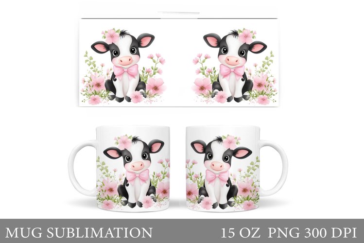 Cute Cow Mug Sublimation. Cow Flowers Mug Wrap Design