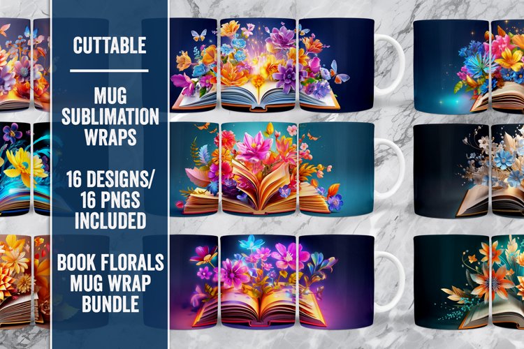 3D Book Flower Sublimation Mug Set, Floral Book Wrap Bundle example image 1