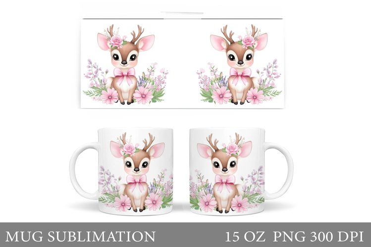 Cute Deer Mug Sublimation. Deer Flowers Mug Design