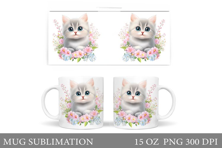 Spring Cat Mug Sublimation. Cat Flowers Mug Design