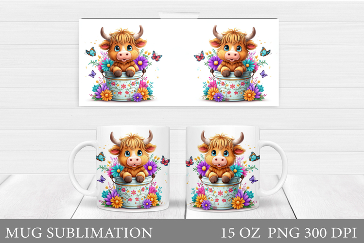 Highland Cow Mug Sublimation. Summer Cow Mug Wrap Design