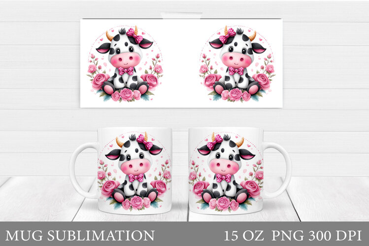 Cute Cow Mug Sublimation. Cow Flowers Mug Wrap Design example image 1