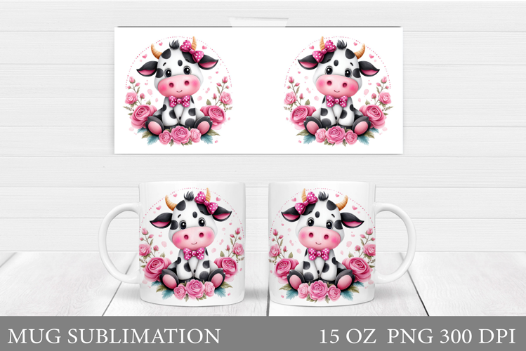 Cute Cow Mug Sublimation. Cow Flowers Mug Wrap Design