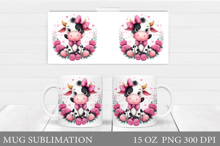 Cute Cow Mug Sublimation. Cow Flowers Mug Wrap Design example image 1