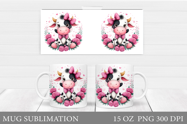 Cute Cow Mug Sublimation. Cow Flowers Mug Wrap Design