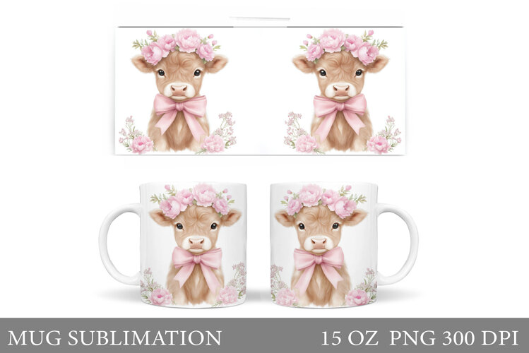 Cute Cow Mug Sublimation. Cow Flowers Mug Wrap Design example image 1